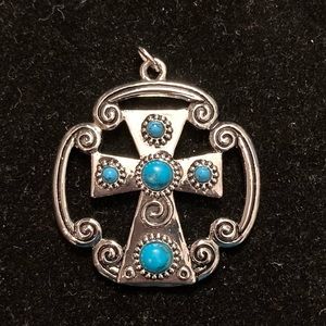 Silvertone Faux Turquoise Spiral Cross Pendant